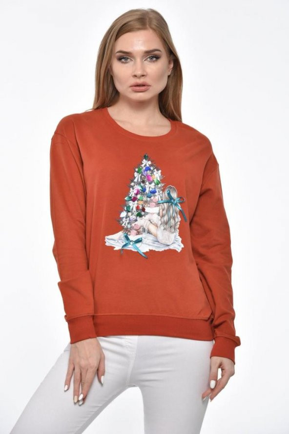 Bisiklet Yaka Çam Baskılı Taş ve Pullu Kiremit Kadın Tişört - 3