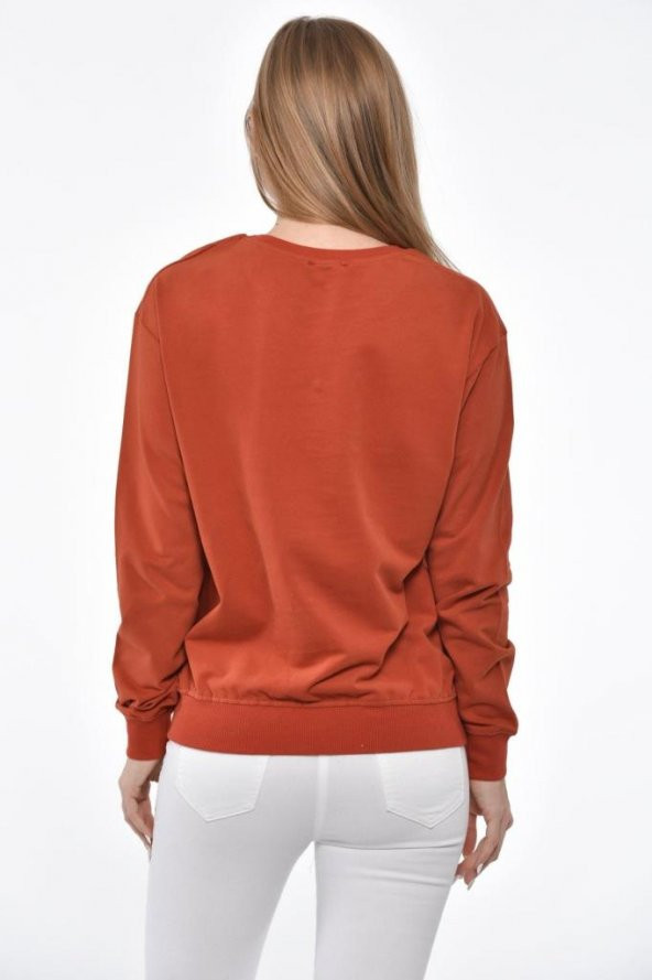 Bisiklet Yaka Çam Baskılı Taş ve Pullu Kiremit Kadın Tişört - 4