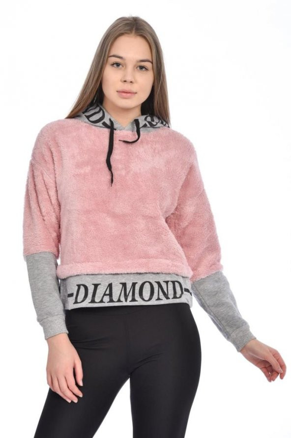 Kapüşonlu Baskılı Uzun Kollu Pudra Peluş Kadın Sweatshirt - 4