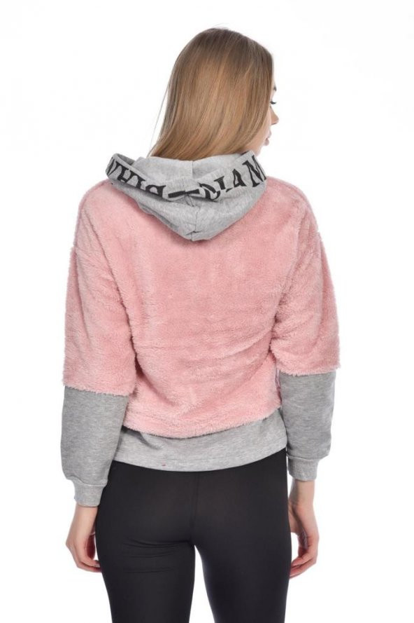 Kapüşonlu Baskılı Uzun Kollu Pudra Peluş Kadın Sweatshirt - 5