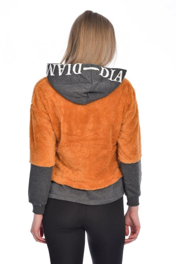 Kapüşonlu Baskılı Uzun Kollu Hardal Peluş Kadın Sweatshirt - 5