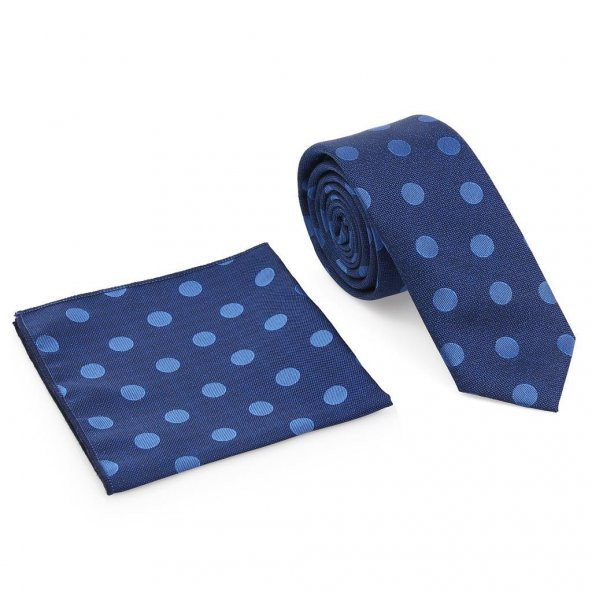 Mavi Puantiyeli Mendilli Slim Kravat-Brianze SKY-2 - 2