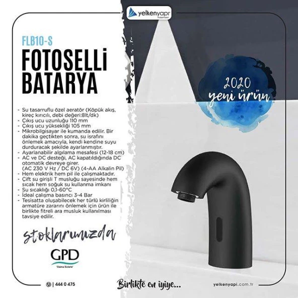 GPD SİYAH Fotoselli Çift Su Girişli Lavabo Bataryası FLB10-S - 2