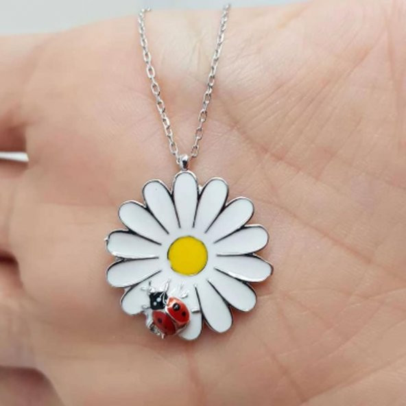 925 Ayar Gümüş Uğur Böcekli Papatya Kolye - 2