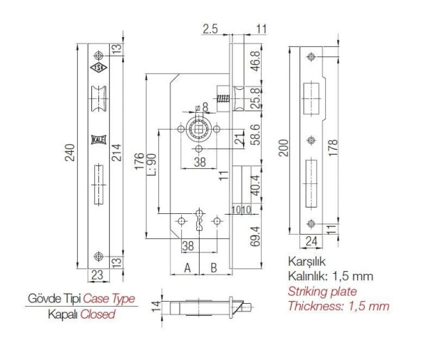 Kale 151-R İç Kapı Gömme Kilidi 35 mm Nikel - 2