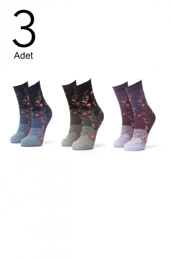 3lü Kadın Çiçek Desenli Çorap 3420-B3
