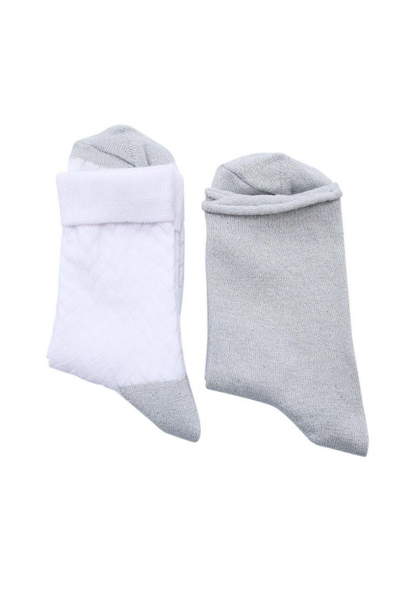 Kadın Gri Beyaz Pullu Desenli 2li Çorap 100037996