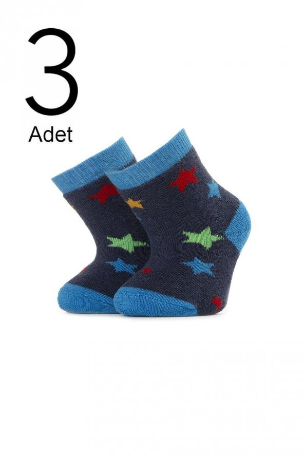 3lü Bebek  Yıldız Desenli Havlu Çorap 1411-A3
