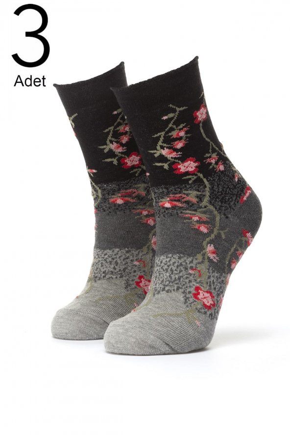 3lü Kadın  Çiçek Desenli Çorap 3420-A3