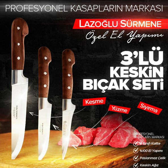 Lazoğlu Sürmene 3 Lü Bıçak Seti TESCİLLİ MARKA  ORJİNAL HG BIÇAK LAZ BIÇAK SETİ - 5