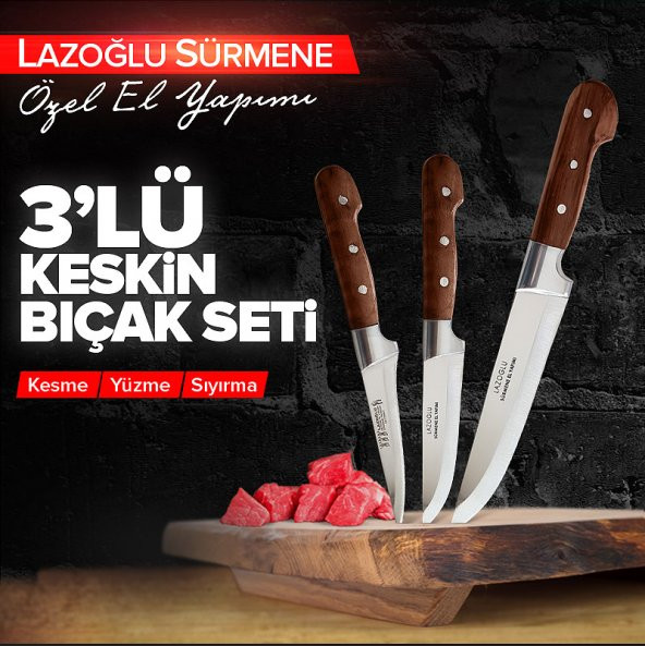 Lazoğlu Sürmene 3 Lü Bıçak Seti TESCİLLİ MARKA  ORJİNAL HG BIÇAK LAZ BIÇAK SETİ - 7
