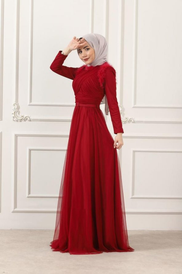 YAKA VE OMUZ TÜGLÜ TÜL TESETTÜR ELBİSE - 1