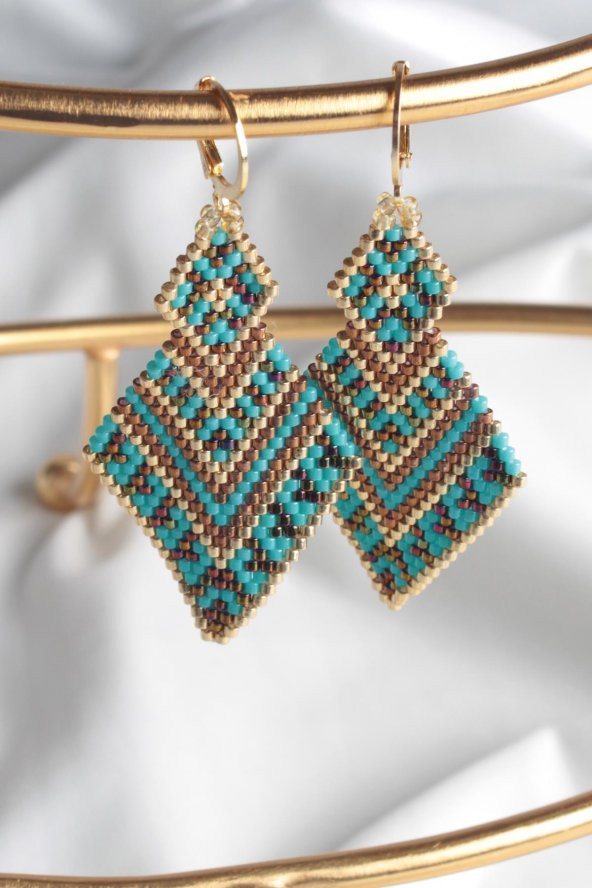 Zariass Küpe Miyuki Turkuaz-Kahve  Baklava Desen