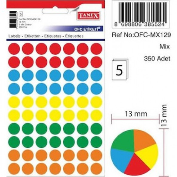 Tanex Mıx Color Ofis Etiketi 13mm 5-Renk 5.yaprak (350 Etiket)