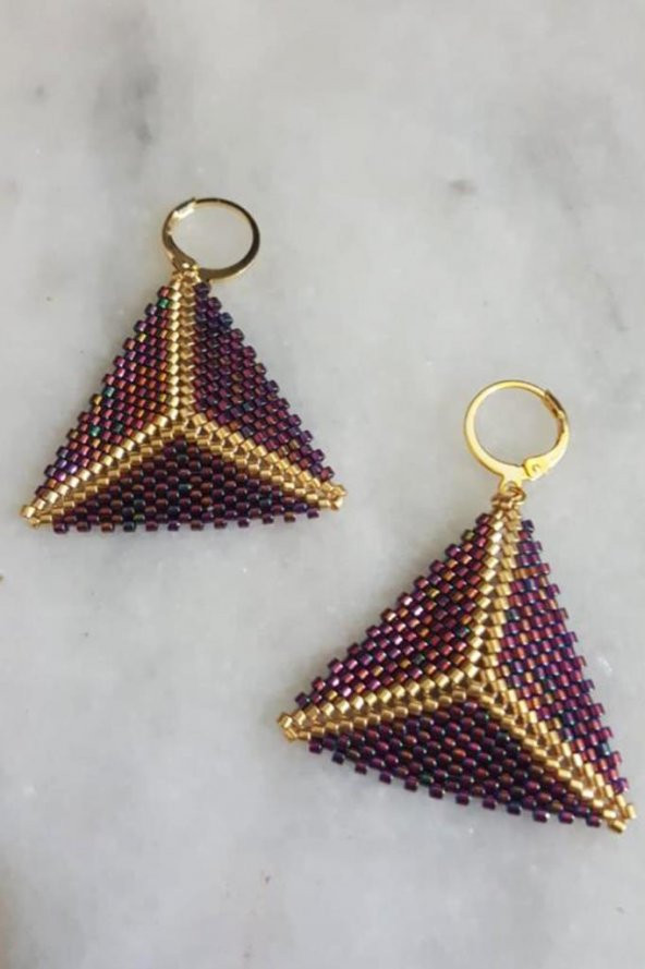 Zariass Küpe Miyuki Üçgen Bordo-Altın Yaldız