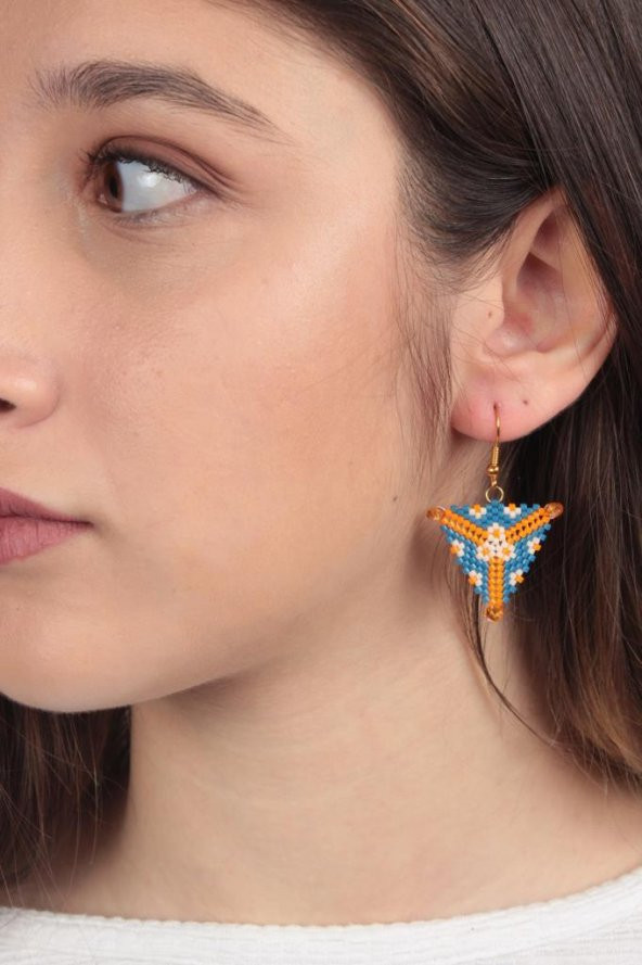 Zariass Küpe Miyuki Üçgen Desen Turuncu-Mavi