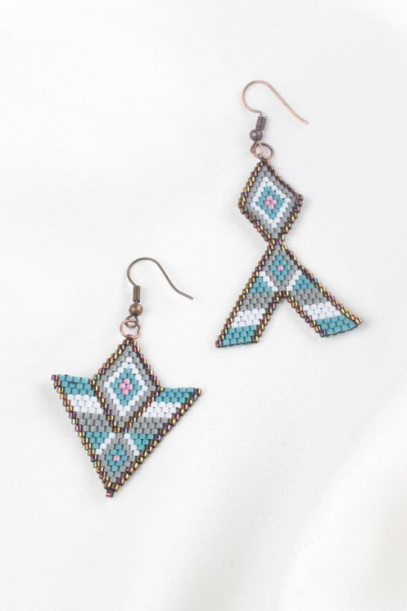 Zariass Küpe Miyuki Üçgen Desenli Turkuaz-Beyaz