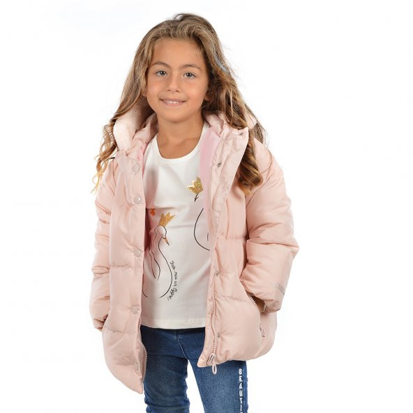 Kız Çocuk Kapüşonlu Mont Modelleri Pudra 24005 - 2