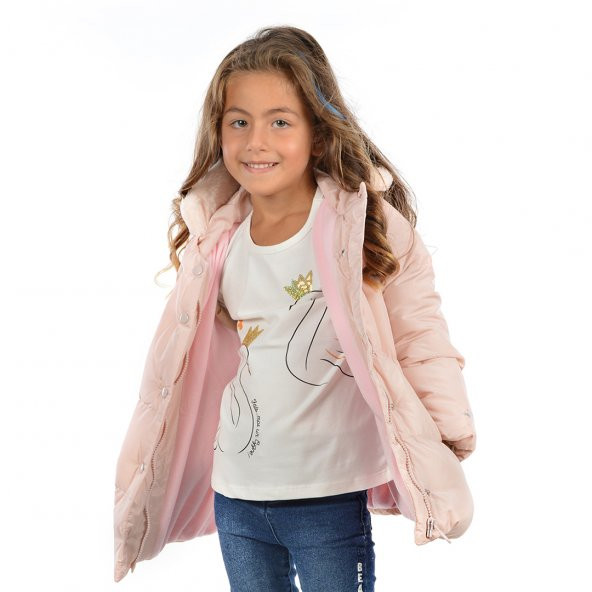 Kız Çocuk Kapüşonlu Mont Modelleri Pudra 24005 - 4