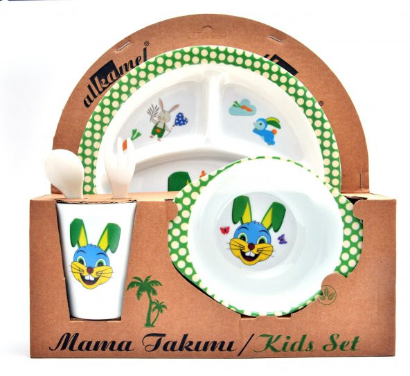 Tavşan Melamin Bebek Mama Yemek Tabağı Kabı Bardak Kaşık 5li set
