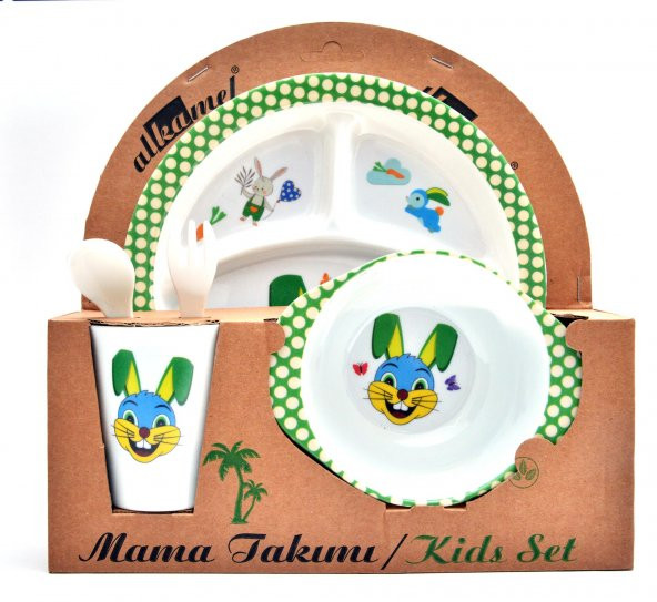 Tavşan Melamin Bebek Mama Yemek Tabağı Kabı Bardak Kaşık 5li set