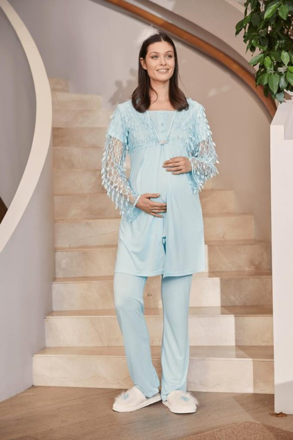 Mecit 5201 Yaprak Tül Sabahlıklı Lohusa Pijama Takımı