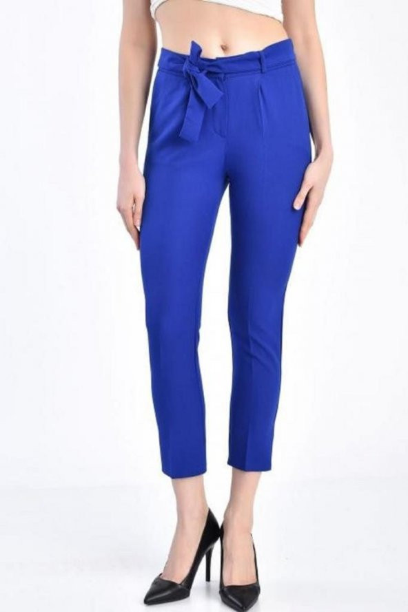 Kuşaklı Saks Mavi Bilek Kadın Pantolon - 3