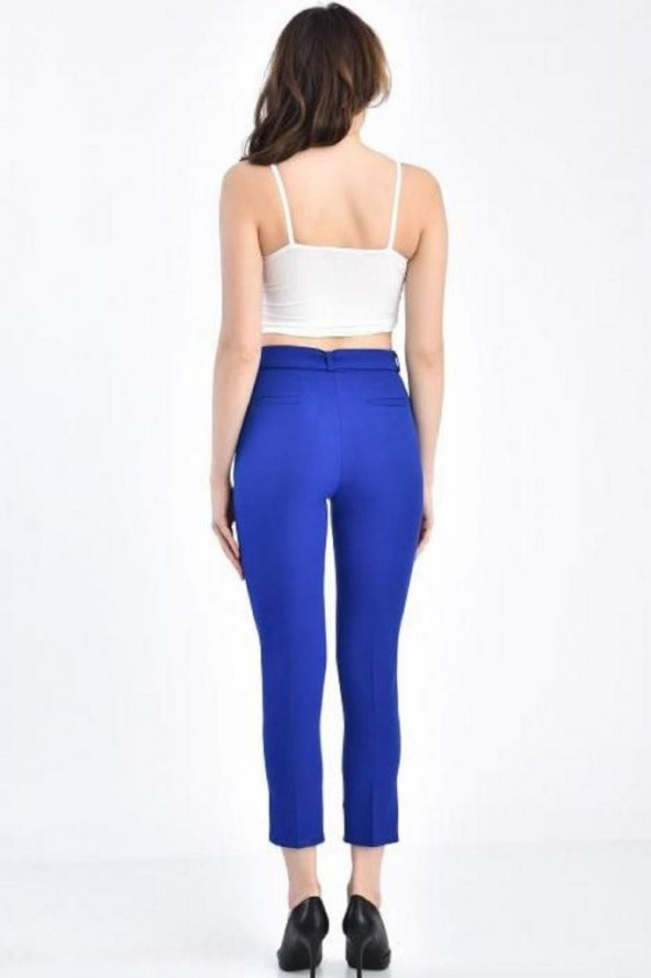 Kuşaklı Saks Mavi Bilek Kadın Pantolon - 4