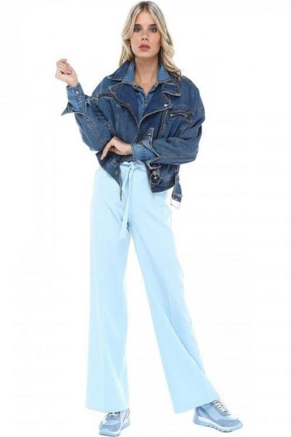 Kuşaklı Bol Paça Bebe Mavi Kadın Pantolon