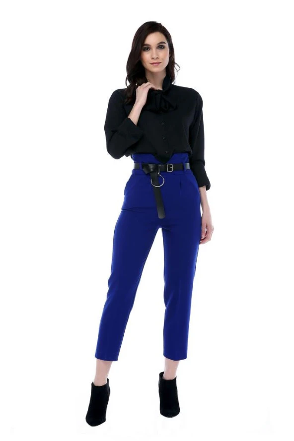 Yüksek Bel Deri Kemerli Saks Mavi Bilek Kadın Pantolon