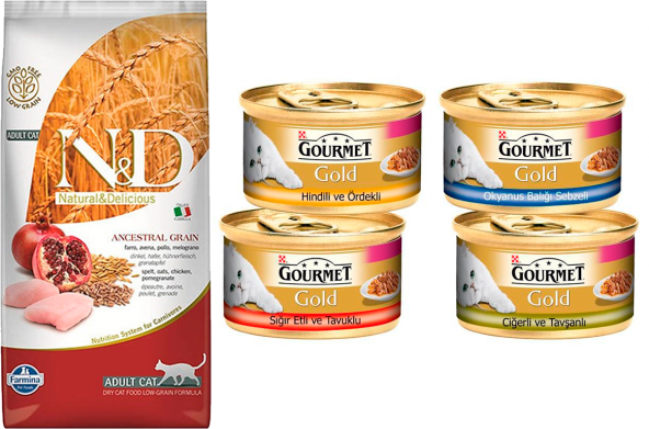 N&D Yetişkin Düşük Tahıllı Tavuklu&Narlı Kedi Maması 1,5 Kg + Gourmet Karışık 4 Adet Yaş Kedi Maması (Original)