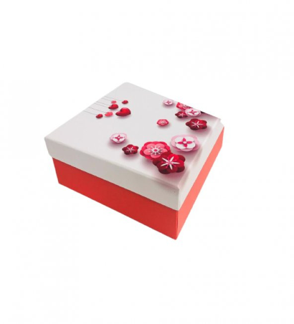 KUTU KALP ÇİÇEK KIRMIZI BEYAZ 19CM X 19CM X 8CM - 2