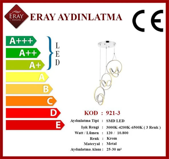 Eray Aydınlatma 921-3 Krom 3 lü Led Avize - Resim 2