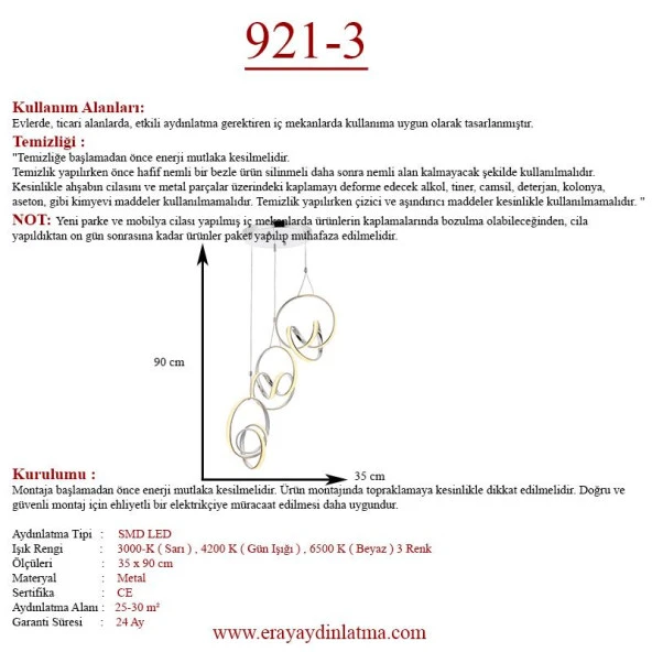Eray Aydınlatma 921-3 Krom 3 lü Led Avize - Resim 3
