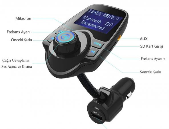 T10A Bluetooth Araç Kiti Fm Usb Fm Transmitter
