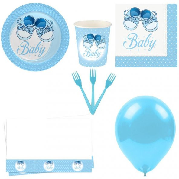 Baby Shower Mavi Patikler Parti Seti 8 Kişilik