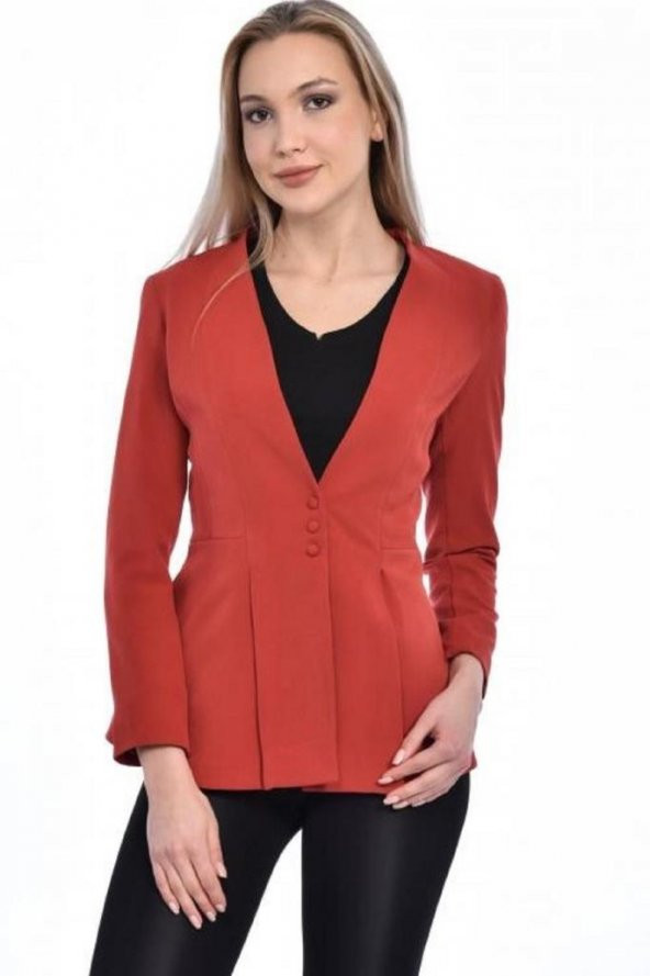 Düğme ve Pile Detaylı Blazer Kiremit Kadın Ceket - 4