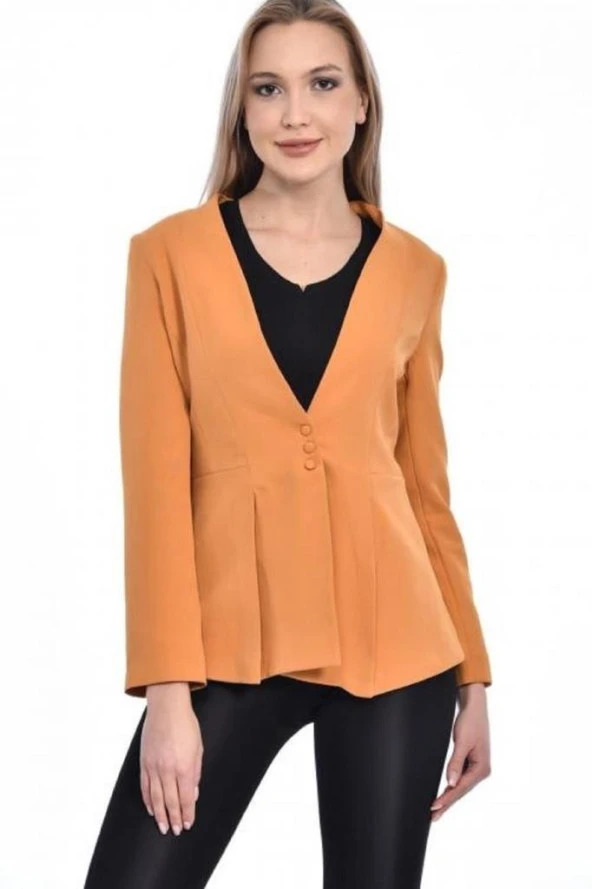 Düğme ve Pile Detaylı Blazer Hardal Kadın Ceket - 3