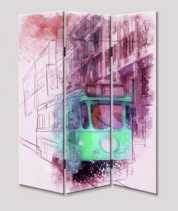 dekoyes  YEŞİL TRAMVAY 3 KANAT TEKERLEKLİ KANVAS PARAVAN - 1