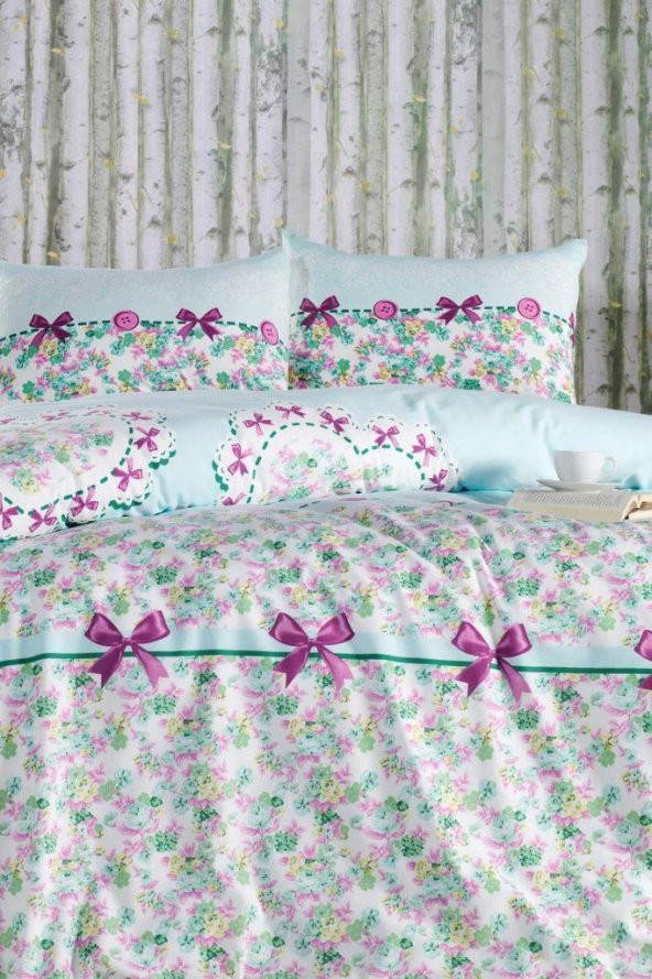 Lovely Mint 180x200 cm Çarşafı Lastikli Battal Nevresim Takımı - 3