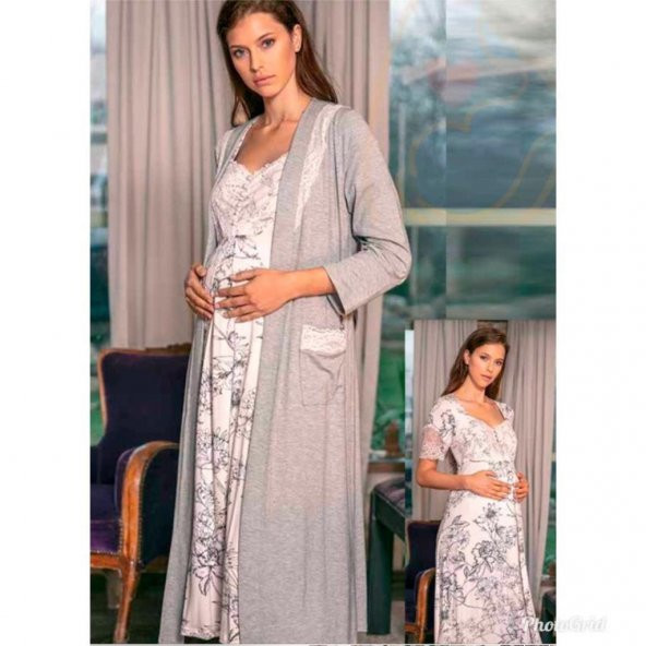 Anıl 5544 Gri Pembe Melanj Hamile Lohusa Gecelik Sabahlık Takım - 2