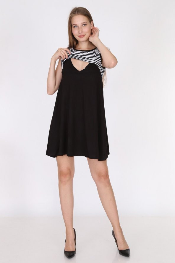 Luvmabelly 5800 - Üstü Siyah Çizgili Altı Siyah kolsuz Emzirme Elbise