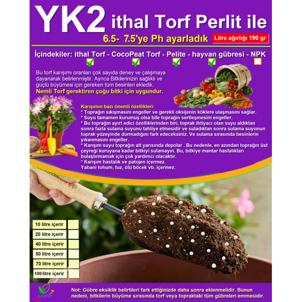 40 LT YK2 cocopeat perlit ile + ithal Torf. Çiçek ve Sebze için Toprak)