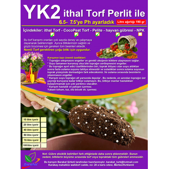 20 LT YK2 cocopeat perlit ile + ithal Torf. Çiçek ve Sebze için Toprak)