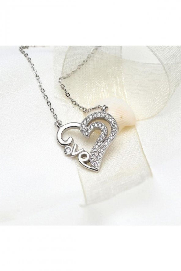 Gümüş Zirkon Taşlı Love Yazılı Kalp Bayan Gümüş Kolye - 2