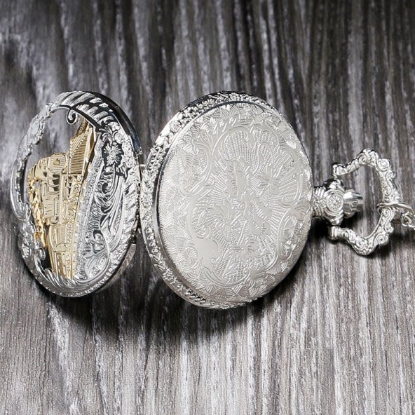 Özel Tren Tasarımlı Retro Köstekli Cep Saati Zincirli Saat - 3