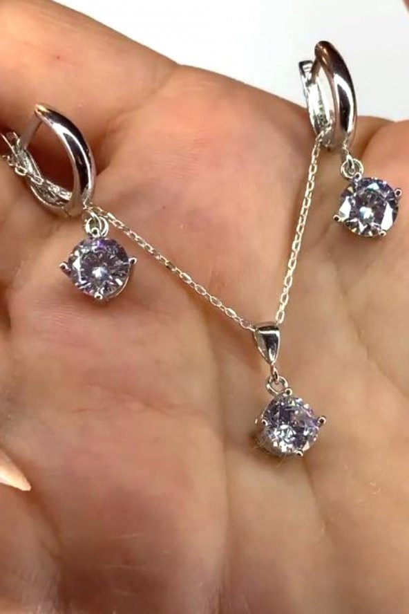 Gümüş Bayan Kolye Zirkon Taşlı Bayan Gümüş Kolye Küpe Seti - 2