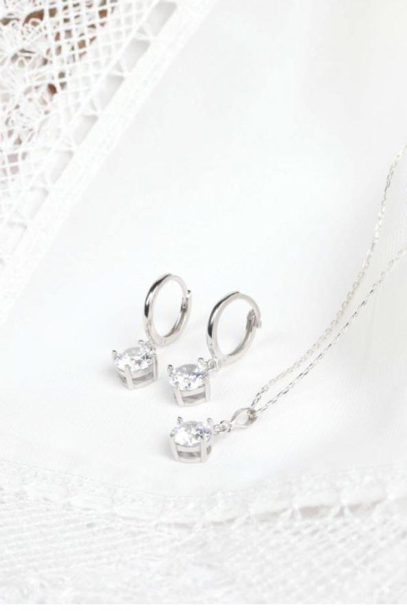 Gümüş Bayan Kolye Zirkon Taşlı Bayan Gümüş Kolye Küpe Seti - 3