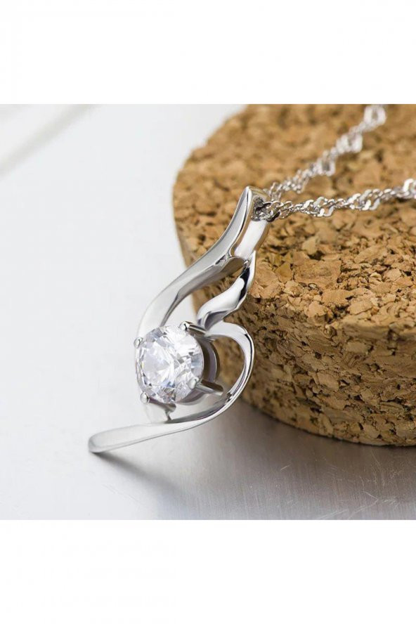 Gümüş Zirkon Taşlı Melek Kalbi Kadın Kolye - 3