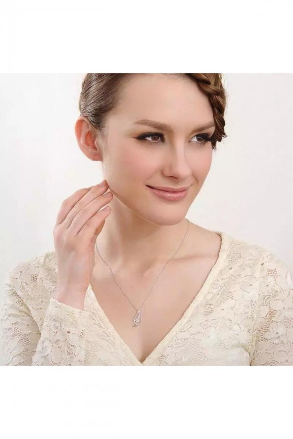 Gümüş Zirkon Taşlı Melek Kalbi Kadın Kolye - 4